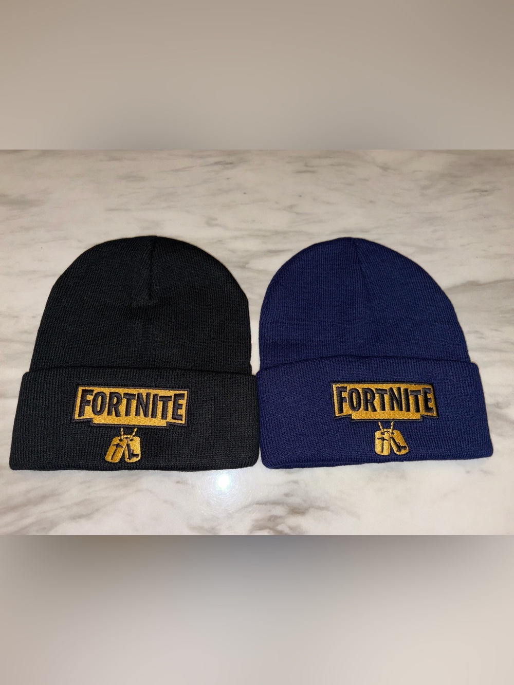 NWOT Set of 2 Fortnite Knit Beanie Hats Black Blue Winter Caps